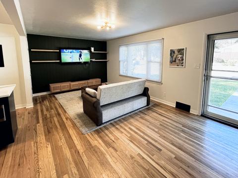 Living room with floating shelves